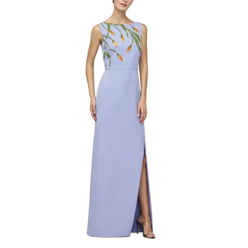 Kay Unger Ira Embellished Blue Floral Column Maxi Dress Gown Size 0 NWT $348